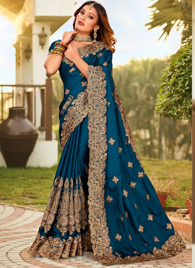 Pure Sattin Morpeach Wedding Wear Embroidery Work Saree